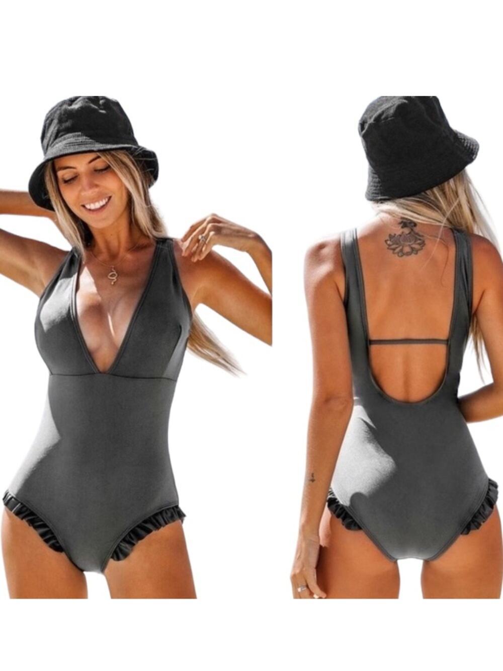 Cupshe Ruffle Edge Deep V One Piece Swimsuit Grey Size Medium